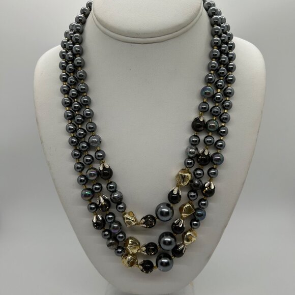 Estate Jewelry - Vintage Three-Strand Gray Gold Iridescent Bead Faux & Pearls Prom Formal